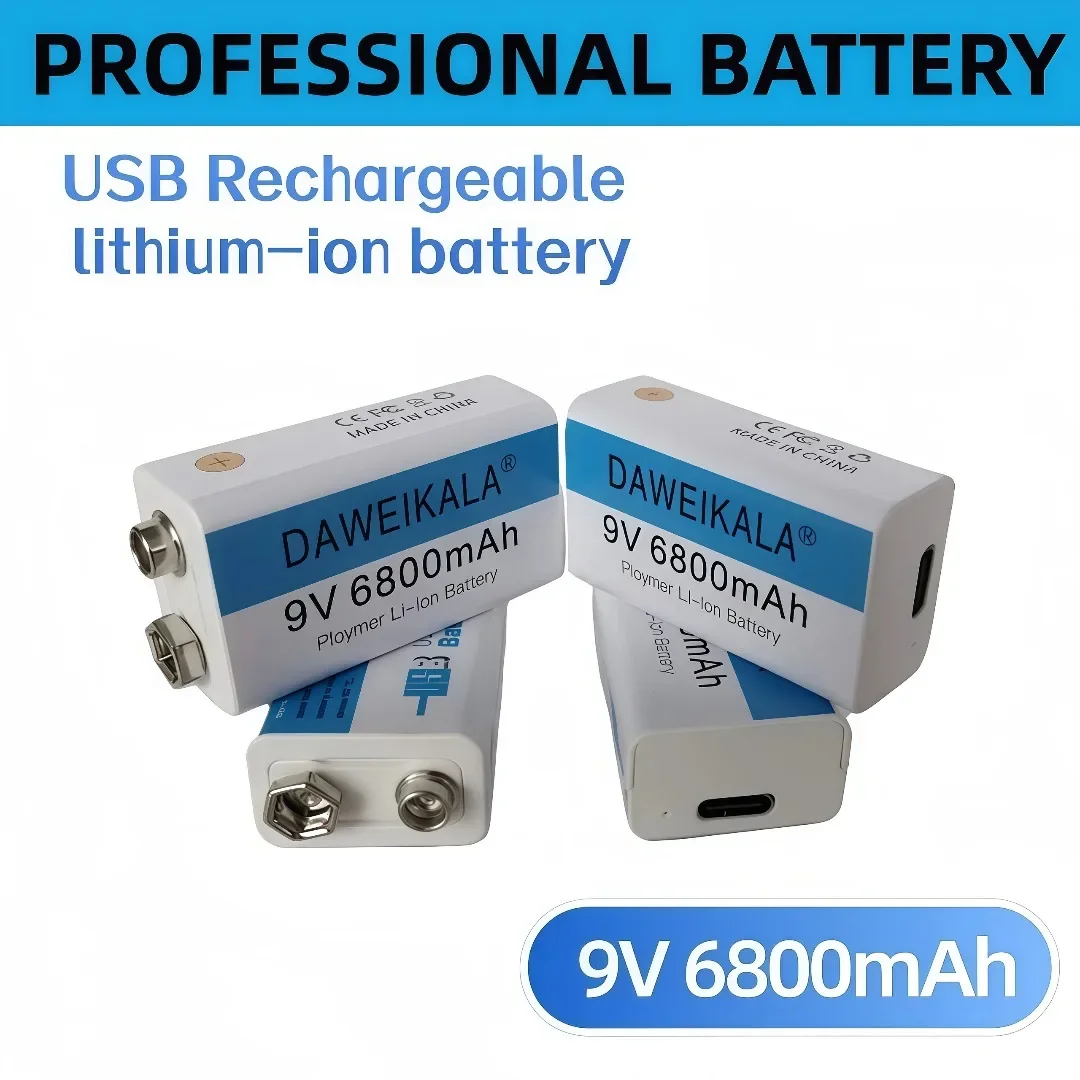 Batteria ricaricabile agli ioni di litio diretta in fabbrica da 9 V 6800 mAh con cavo di ricarica USBType-C adatto per chitarra con microfono wireless
