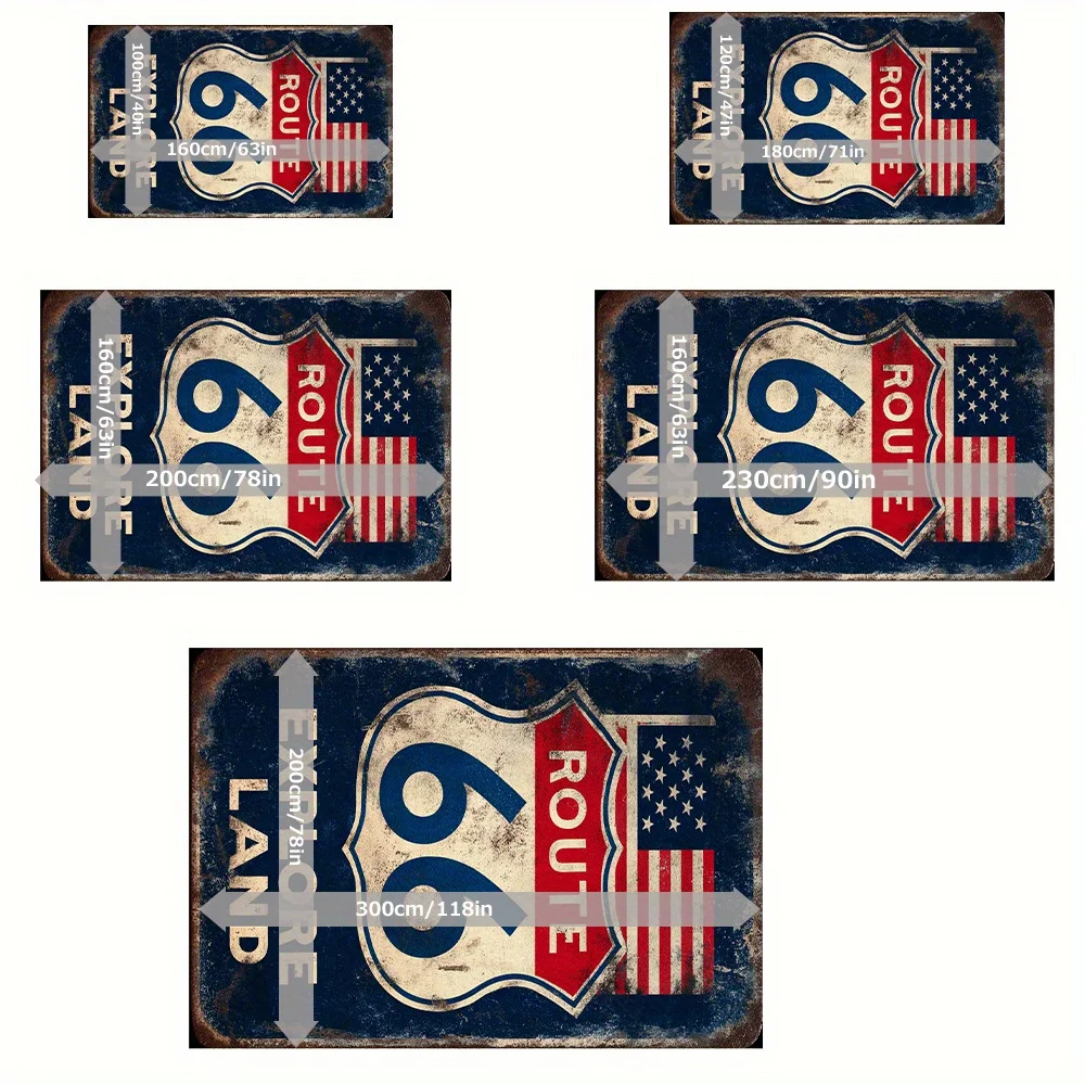 VIKAMA Vintage Route 66 Area Rug,Non‑Slip Floor Mat,Retro American Flag Distressed Carpet for Living Room Garage Home Decor Rug
