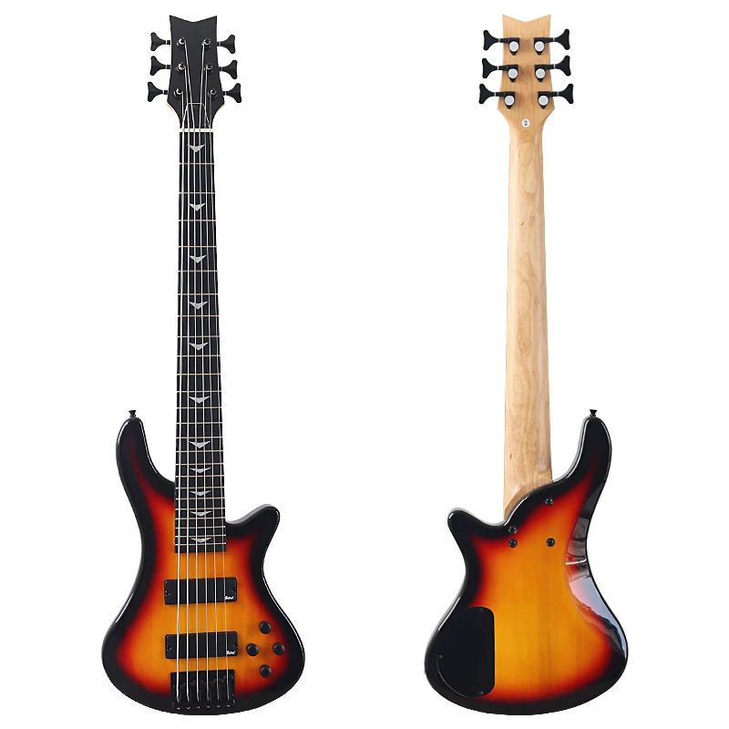 6 String Bass Guitar Sunburst 43 Inch Electric Bass Guitar 24 Frets Solid Basswood Body with Canada Maple Neck