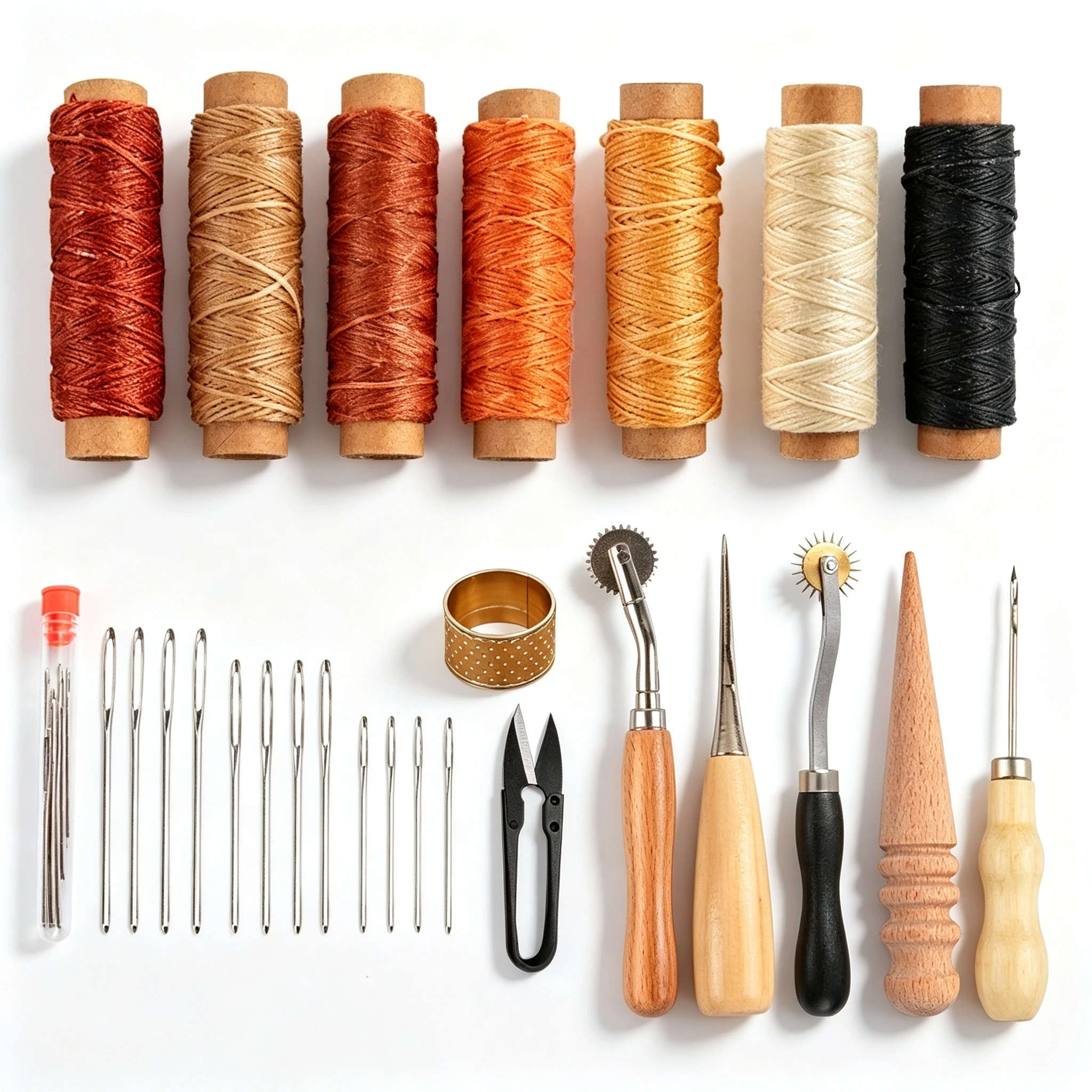 Leather Sewing Kit, Leathercraft Tools with Multi‑Color Waxed Thread, Hand Needles, Thimble, Scissors, Tracing Wheel
