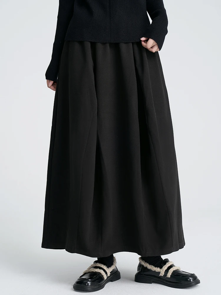 New Chinese Style A-Line  Skirt Women's Casual High Waist Pleated Loose Fit Micro Elastic Black Versatile Land And Mountain