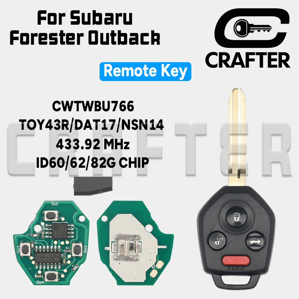 

Ключ Crafters CWTWBU766 ID 4D60/62/82G 433,92 МГц лезвие TOY43R/DAT17/NSN14 дистанционный ключ для Subaru Outback Legacy Forester Impreza