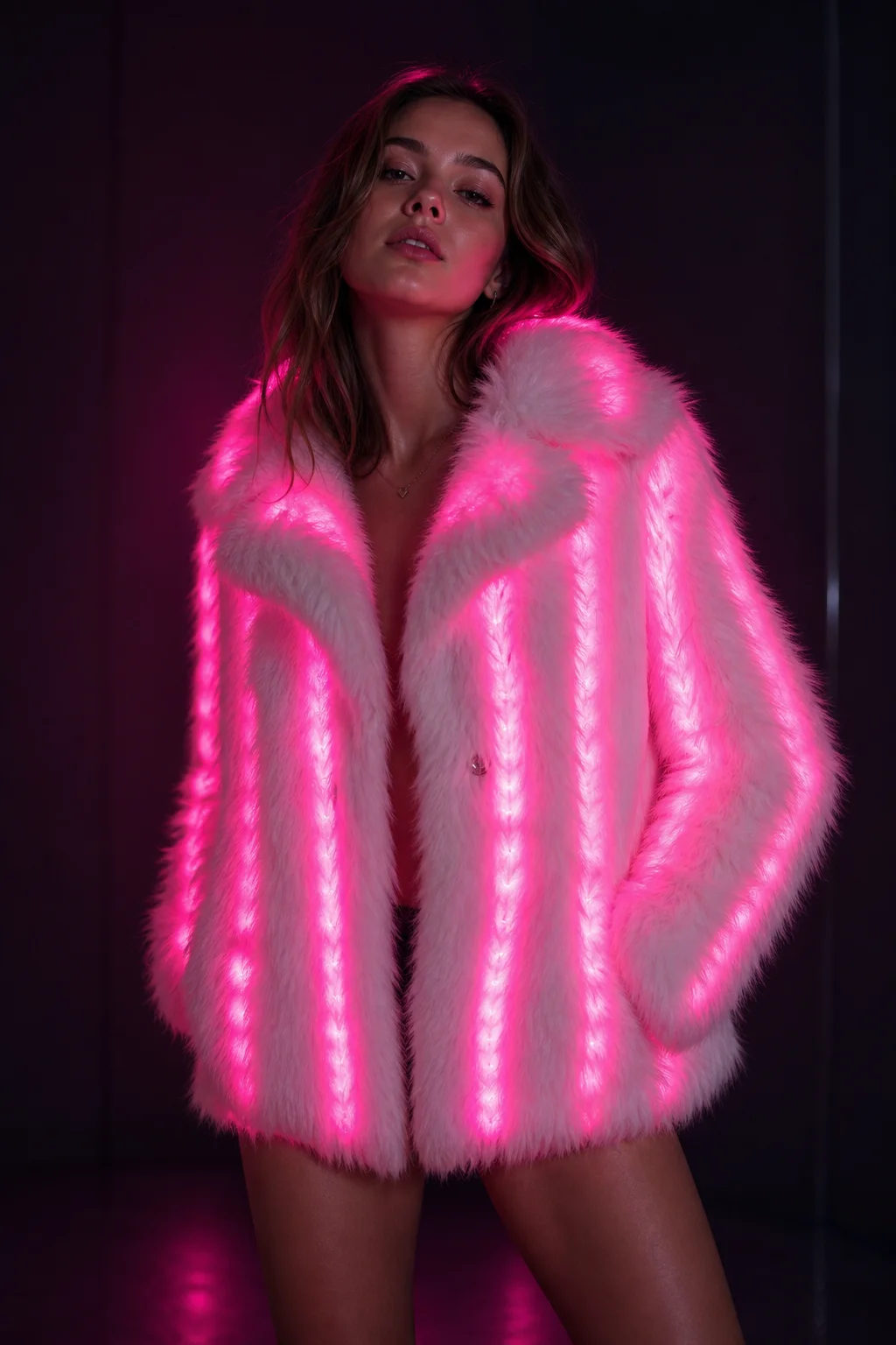 Luxury LED Faux Fur Jacket for Women, Multi-Color Illuminated Hooded Fur Coat, Remote Controlled Light Up Winter Outerwear for F