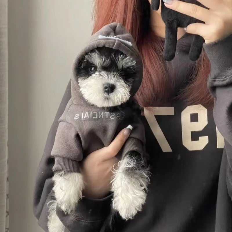 Letter Fleece Grey Cat Dog Hoodies Puppy Sweatshirt Soft Warm Sweater Winter Hooded Clothes for Small Dogs Poodle Maltese