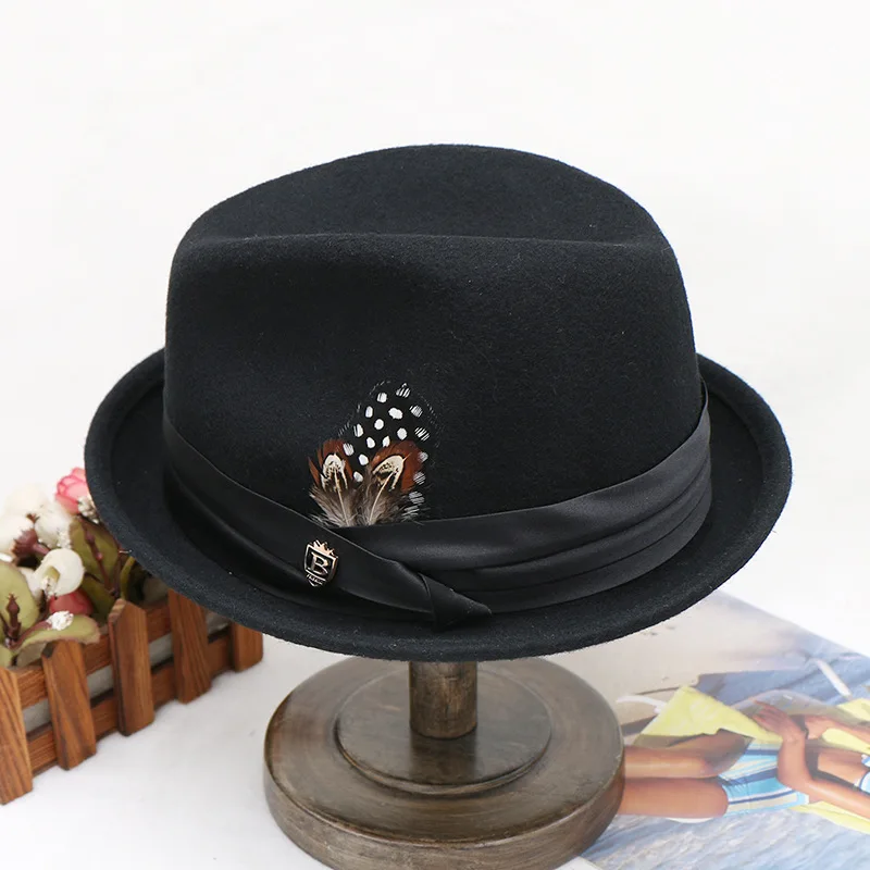 Wool Billycock Bow Feather Men's Fedora Hat Hot Sale In Europe And America Autumn And Winter Hat