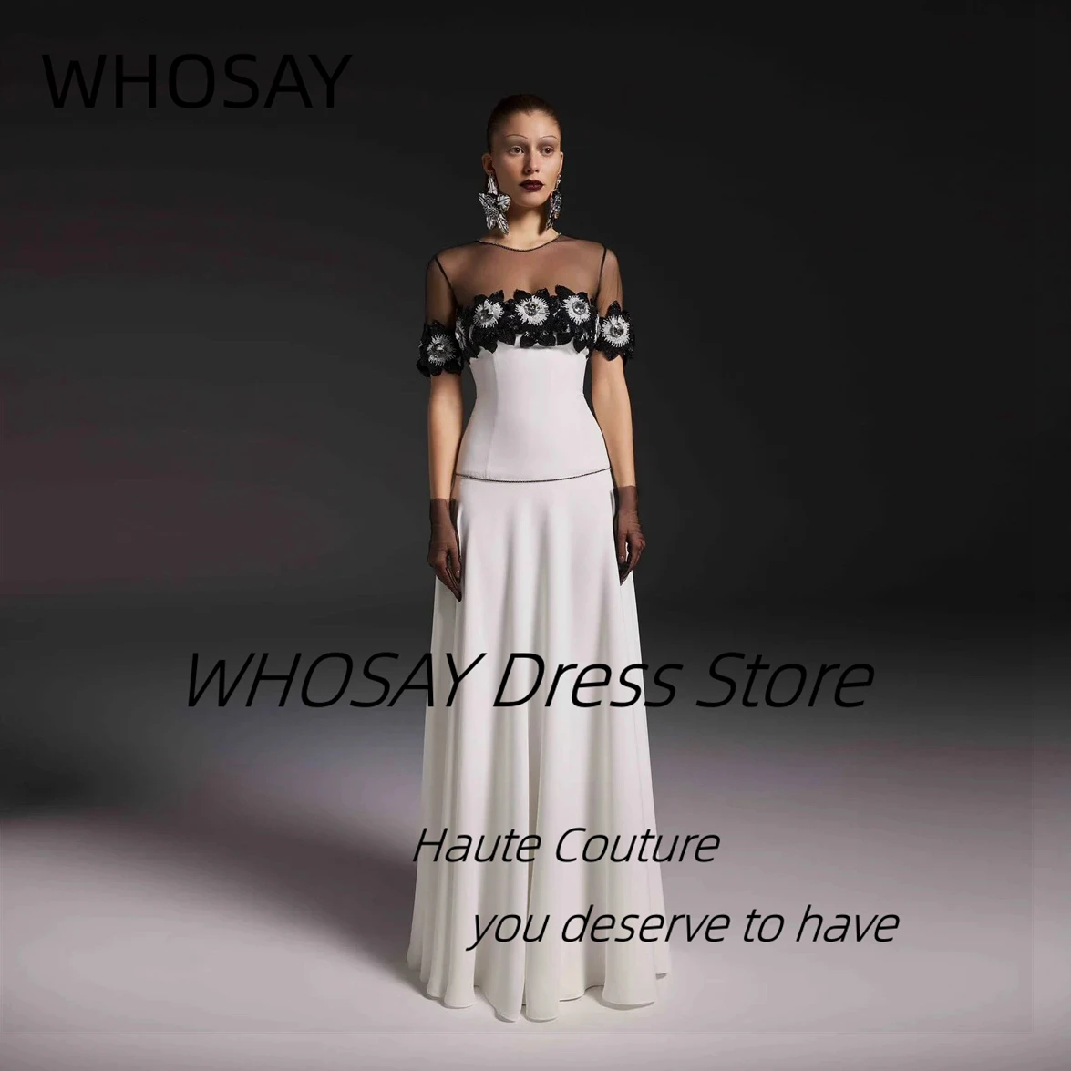 

WHOSAY Customized Prom Dresses Sheer O-Neck Handmade Flowers Evening Dress Short Sleeves Special Banquet Formal Party Gowns