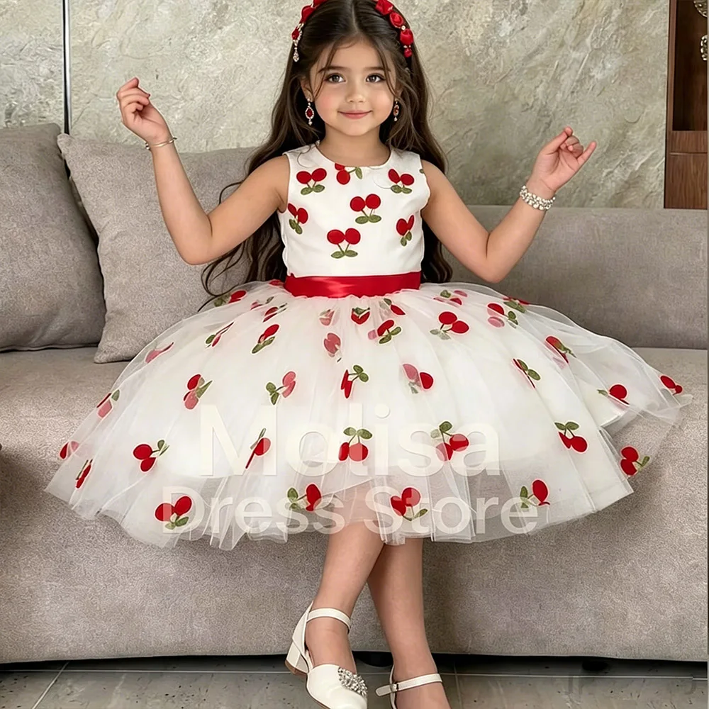 

Cherry Tulle Flower Girl Dresses Cute Dress For Girls Puffy Birthday Dress A-line Girl Princess Dress Sleeveless Kids' Dresses