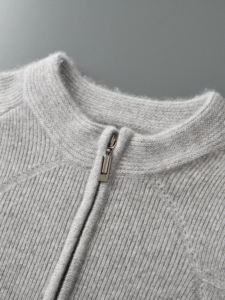 TLOML Men's 100% Merino Wool Knitwear Mock Neck Raglan Sleeve Zip Cardigan Autumn Winter Cashmere Sweater Smart Casual Thick Top