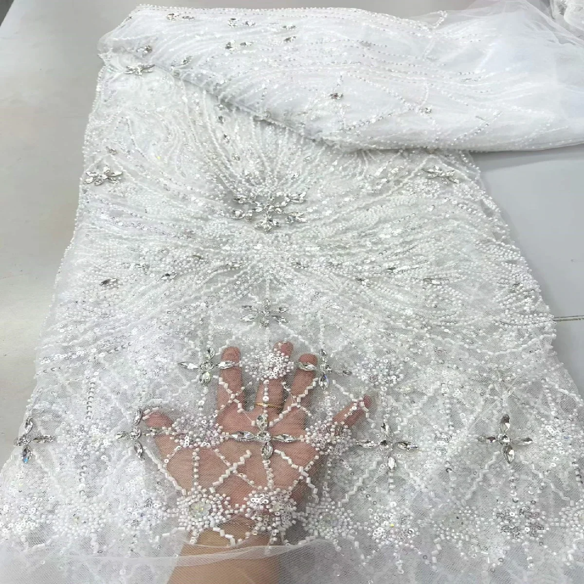 2026 New Gold Heavy Beaded Tulle Lace Fabric, African Sequined Rhinestone Embroidered Lace for Nigerian Wedding Party Gowns