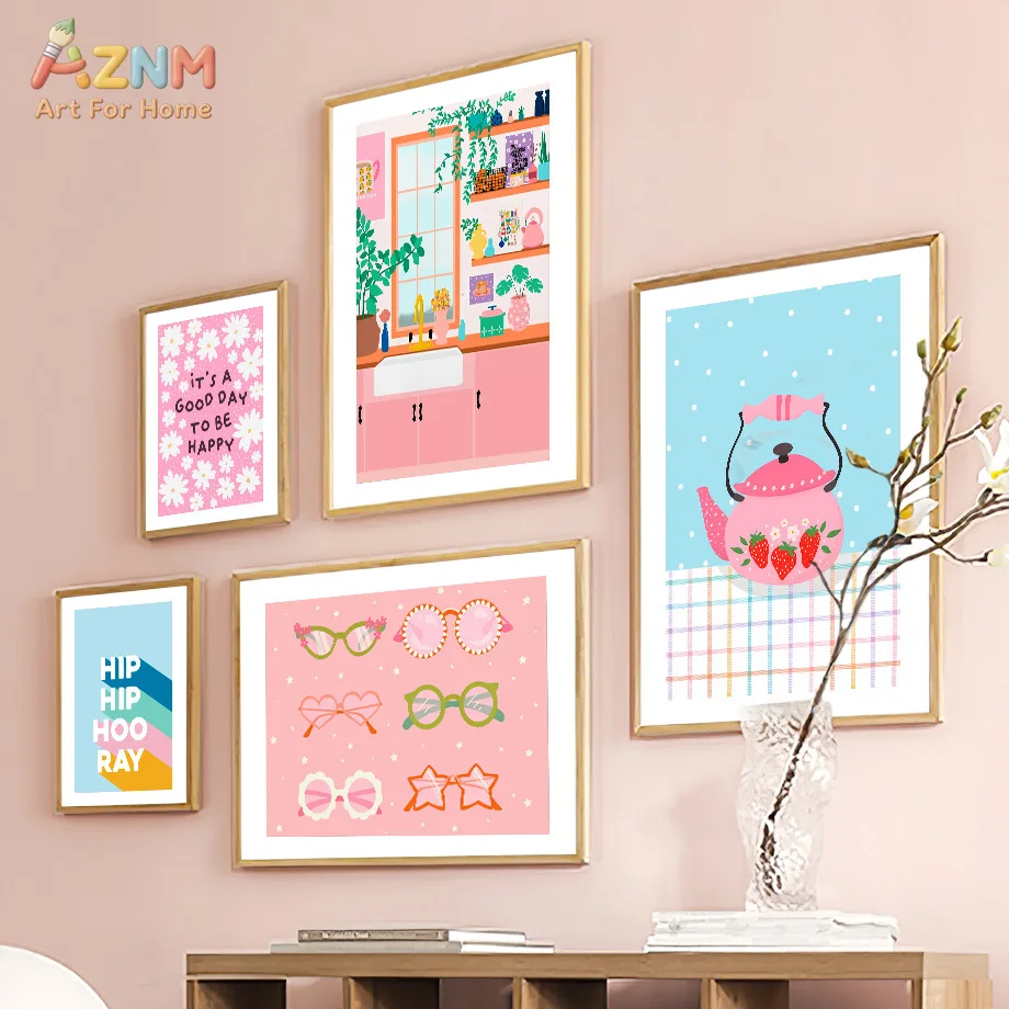 AZNM Cute Pink Cartoon Canvas Print Floral Cherry Kitchen Utensil Glasses Colorful Bright Hand Drawn Aesthetic Wall Poster Unfra