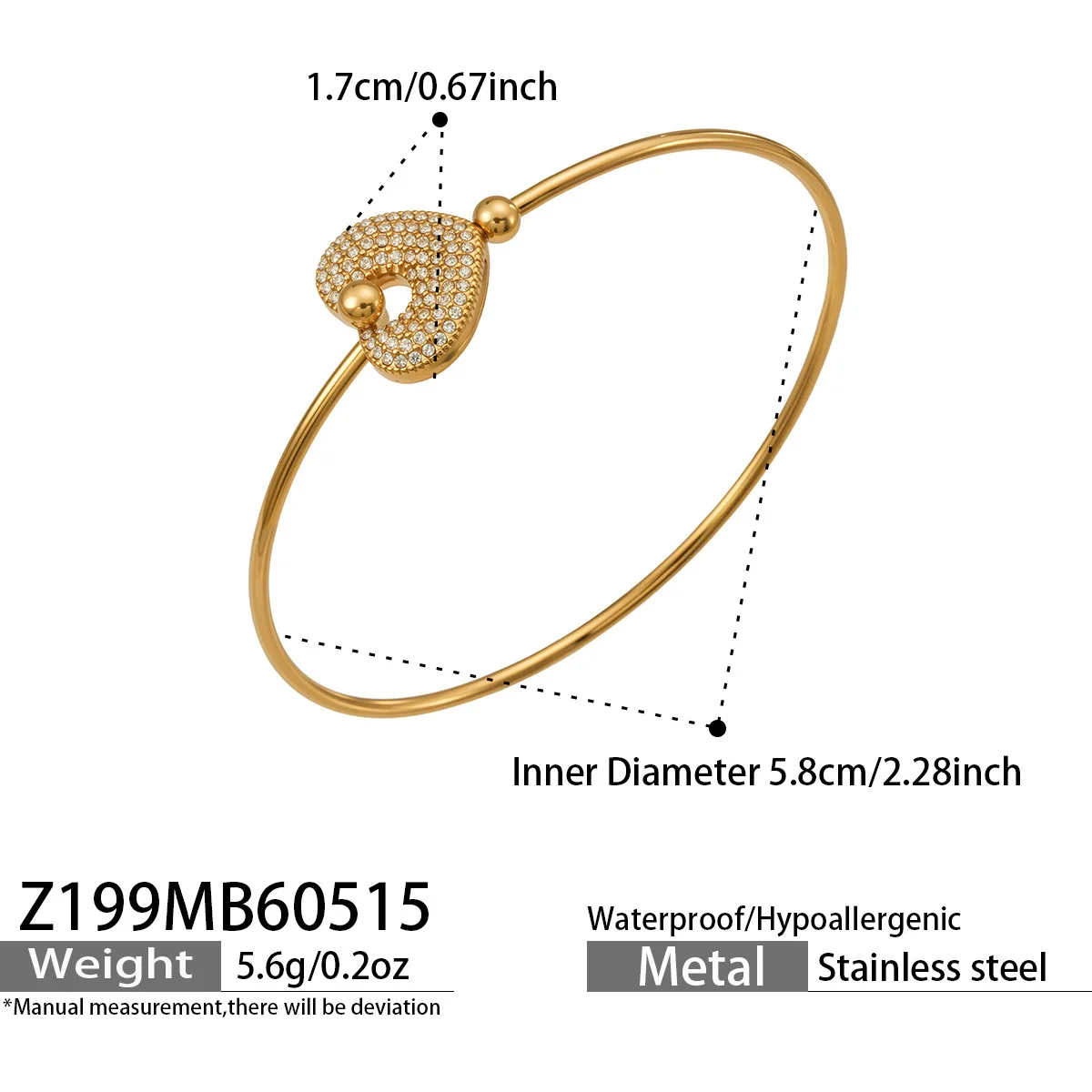 316L Edelstahl 18K vergoldeter Zirkonia-Armreif mit rundem Ring und Herz-Design für Damen, Vintage-Luxus-Schmuck für den Alltag. – Detail 10