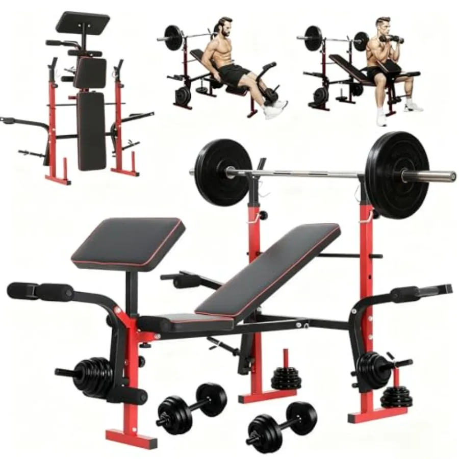 Hantelbank für das Home-Gym: Hochbelastbarer Stahl, schwarz, 6-in-1 verstellbar mit Kniebeugenständer für Ganzkörper-Krafttraining