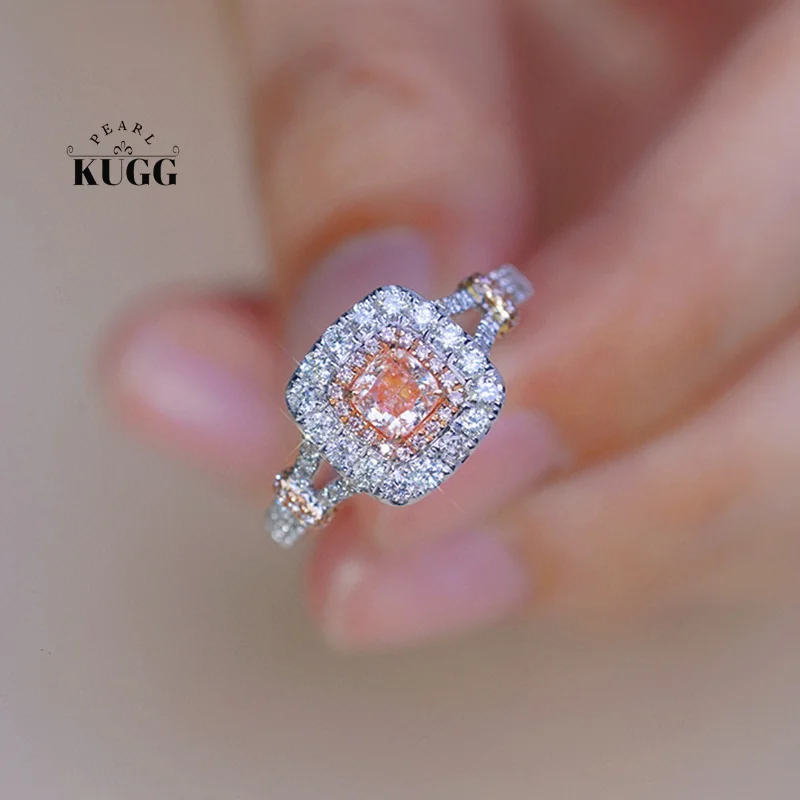 

KUGG 18K White Gold Rings Luxury Square Design Real Natural Pink Diamond Engagement Ring for Women Senior Banquet High Jewelry