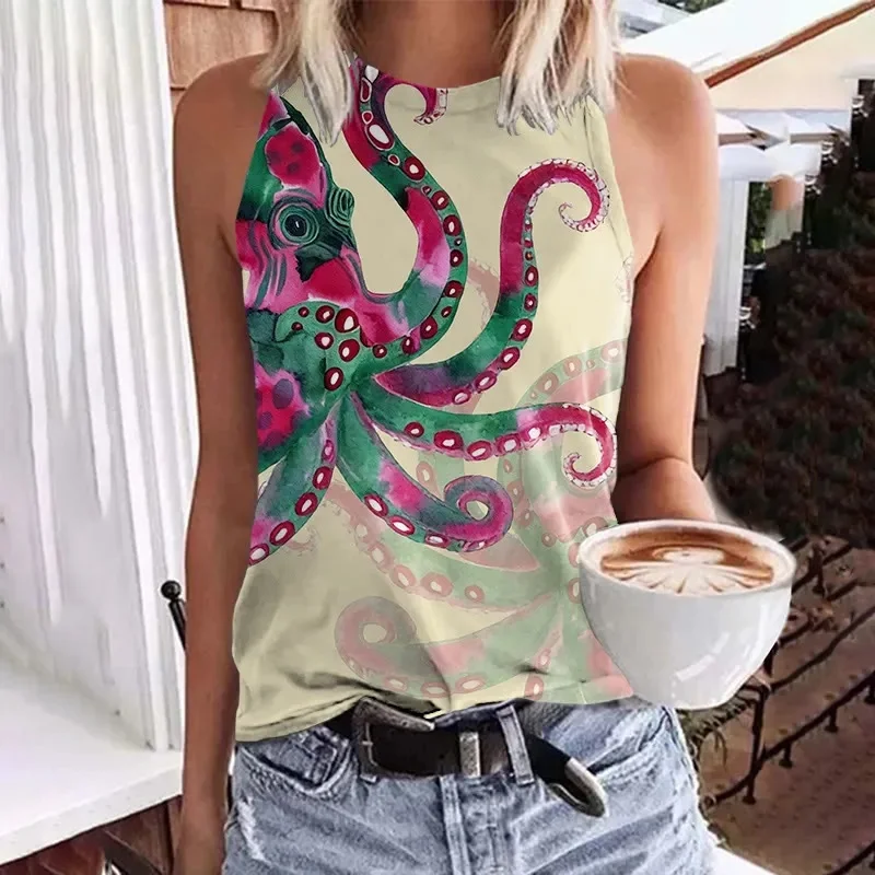 Watercolor Art Octopus Pattern Print Crew Neck Tank Top Summer Women's Casual Vest