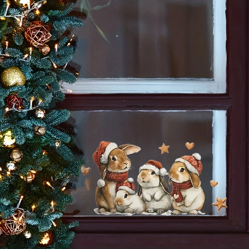 1pc 2D Flat Xmas Rabbit Window Stickers Bunny With Hat Scarf Clings Christmas Glass Door Decals Reusable Holiday Home Decoration