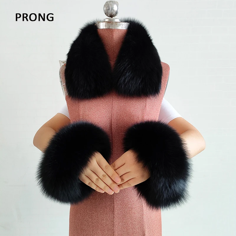 Natural Fox Fur Collar Real Fur Cuffs Set Winter Neck Warmer Fur Scarf Women Square Collar Cuff One Set Collocation Coat