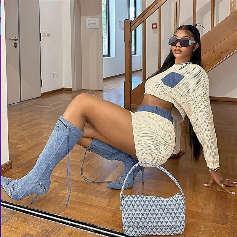 Autumn Women's Suit Fashion Denim Collage Long Sleeve Sweater Short Top And Slim Knit Skirt Sets Lady's Two-Piece Set