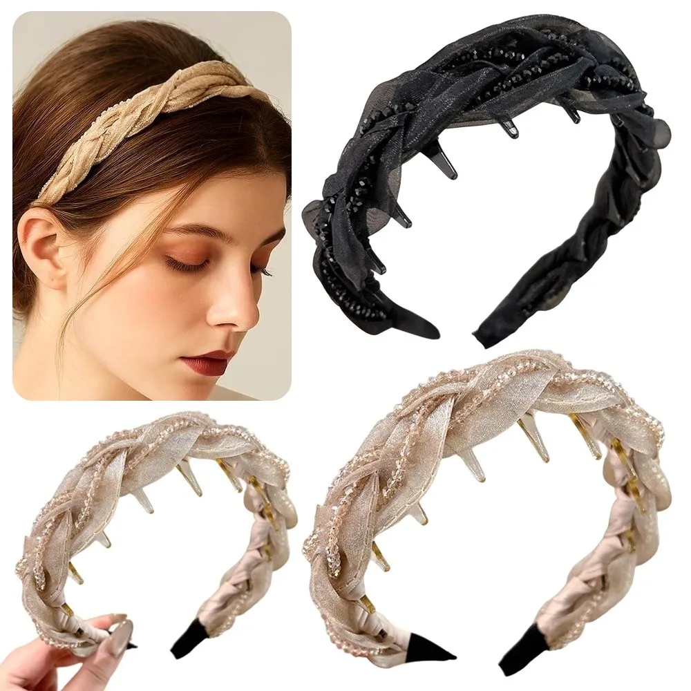 

Elegant Pearl Hairband​​ Non-slip with Tooth Beaded Bling Headband​​ Hair Accessories Shiny Finish​​ Face Wash Headband