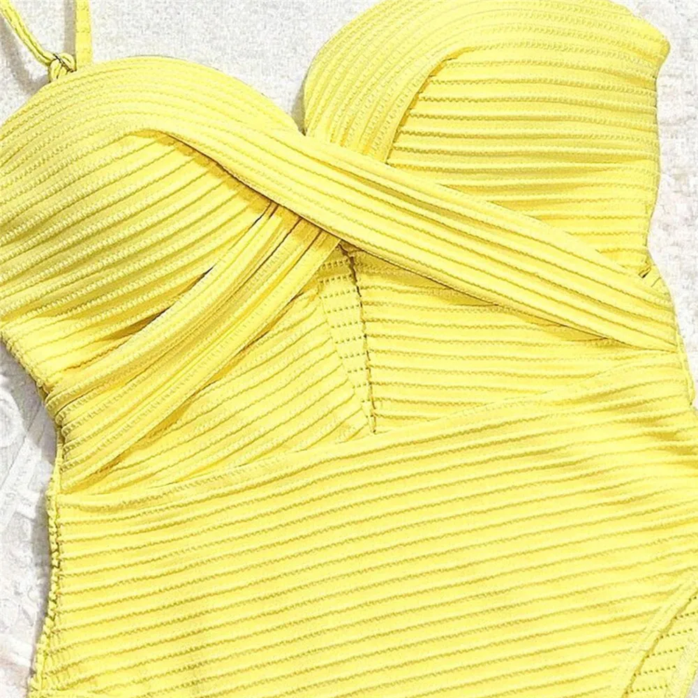 الصلبة الأصفر مضلع ملابس السباحة مثير البطن تحكم ملابس السباحة قطعة واحدة امرأة 2026 الجوف خارج الاستحمام لباس سباحة ارتداء Monokini #3