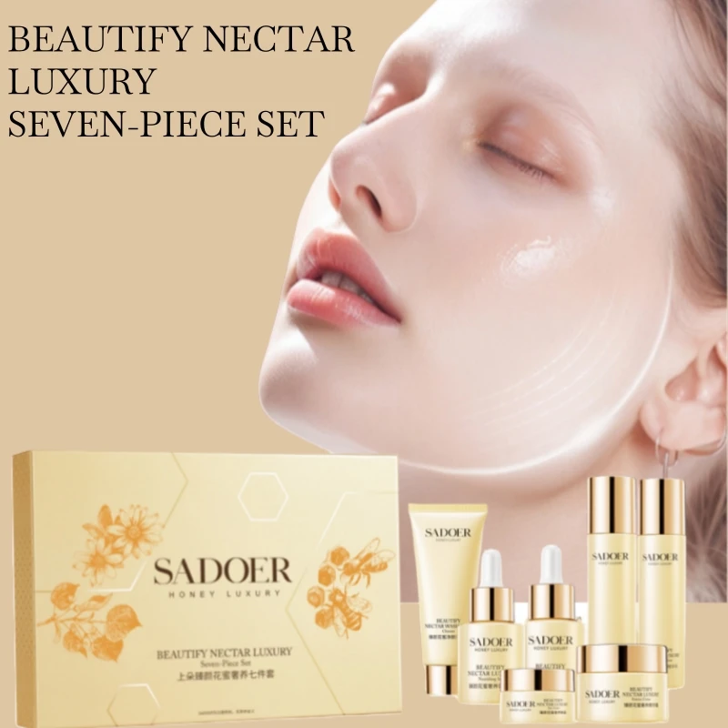 Sadoer Zhenyan Flower Nectar Luxurious Skincare Seven-Piece Set, Containing Centella Asiatica Extract, Aloe Vera Extract, Niacinamide, and Other Ingredients. the Set Includes Facial Cleanser, Essence Water, Essence Milk, Essence Serum, Essence Lotion, Essence Cream, and Eye Cream, with a Variety of Moisturizing and Nourishing Skincare Ingredients, Providing a Hydrating, Translucent, and Tender Finish, Leaving the Skin Moisturized, Naturally Gentle, and Easy to Absorb. It Is Suitable as a Gift Box for Mothers and Friends