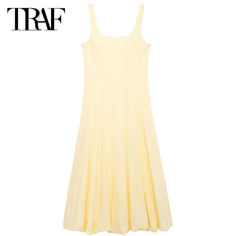 TRAF Women\'s Midi Solid Square Collar Slip Dresses Yellow Balloon Dresses Summer 2024 Sleeveless Backless Dress Vacation Dresses