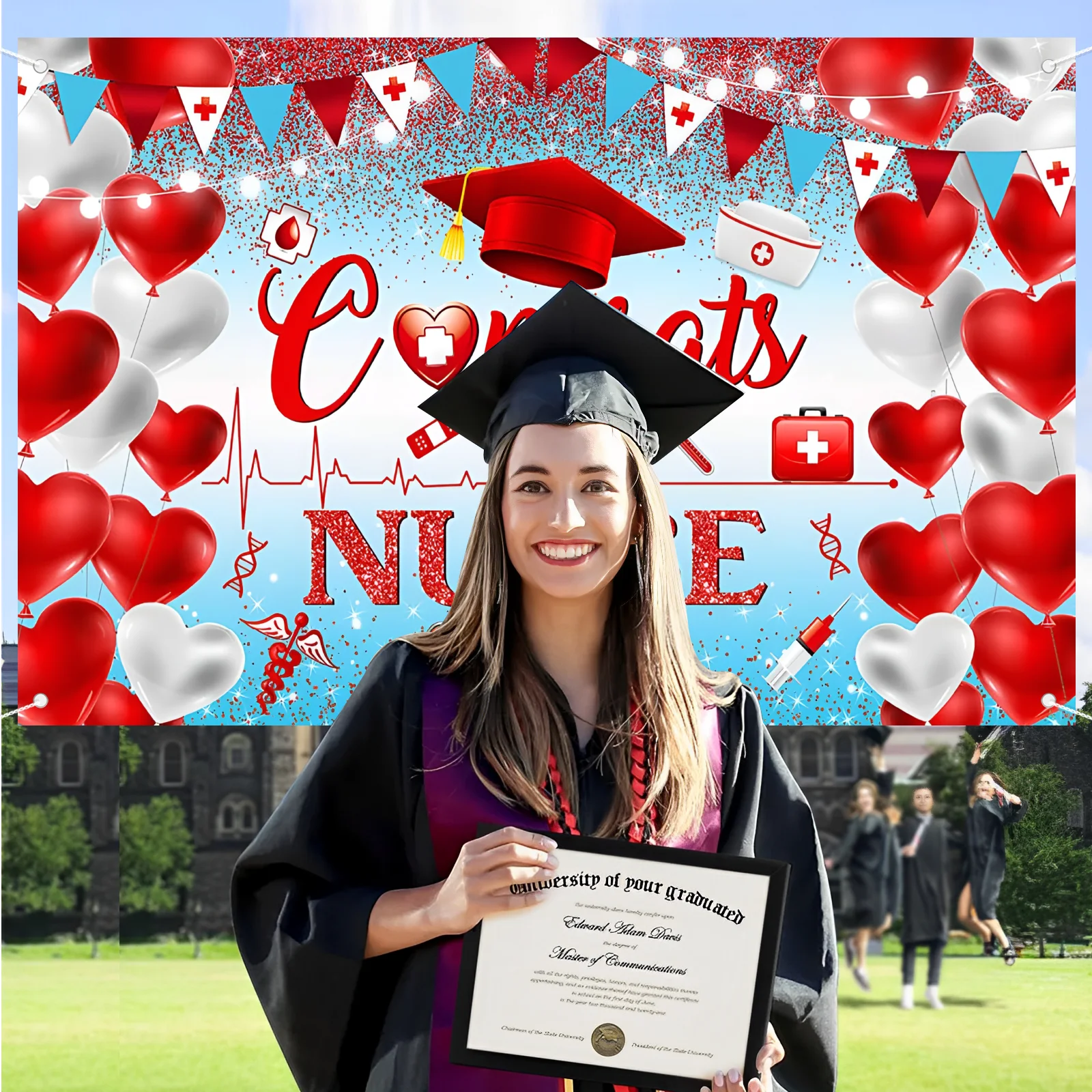 تهنئة ممرضة راية ممرضة حفلة التخرج زينة فئة 2025 غراد خلفية ممرضة غراد خلفية أزرق أحمر