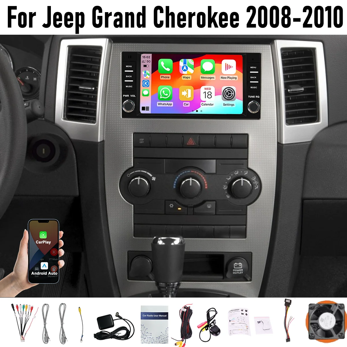 

7“ Apple CarPlay Android auto 6-128GB (8CORE) For Jeep Grand Cherokee 2008-2010 Screen Android15 Head Unit GPS Navigation Radio