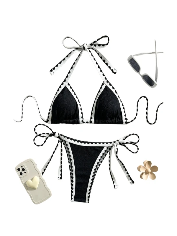 

2025 New Bla White Spliced Simple Ins Sle Women's Bikini Swimming Suit Beachwear Sexy Triangular Bikini with Chest Pad