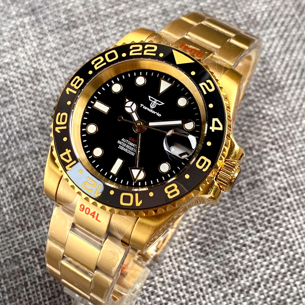 Золотые NH34 GMT водонепроницаемые SUB Selfwinding наручные часы для мужчин бренд Tandorio Календарь Дата 120 кликов ободок сапфировое стекло 904L полоса