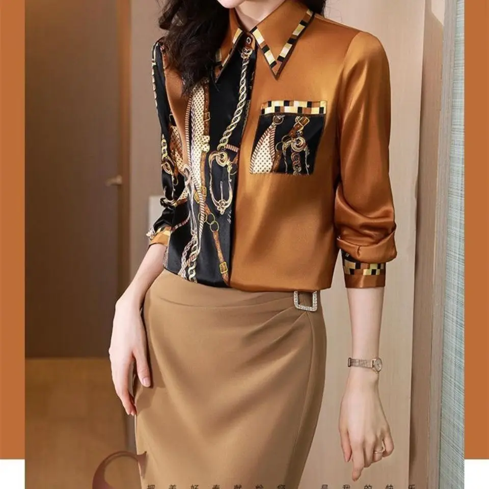 2022 Spring Women Korean New Patchwork Printed Satin Blouses Vintage Elegant Fashion Office Lady Shirts Casual Long Sleeved Tops