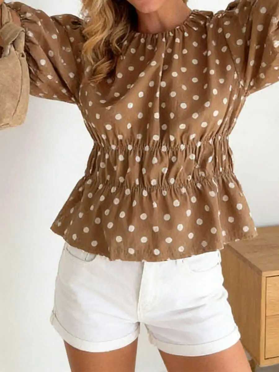 Women Puff Sleeve Polka Dot Blouse Round Neck Cinched Waist Casual Summer Top