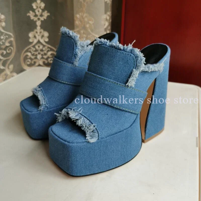

Women's Denim Patchwork Peep Toe Platform Slipper Sexy Super High Heel Slip On Fashion Slippers Summer Outdoor Street Wear Shoes