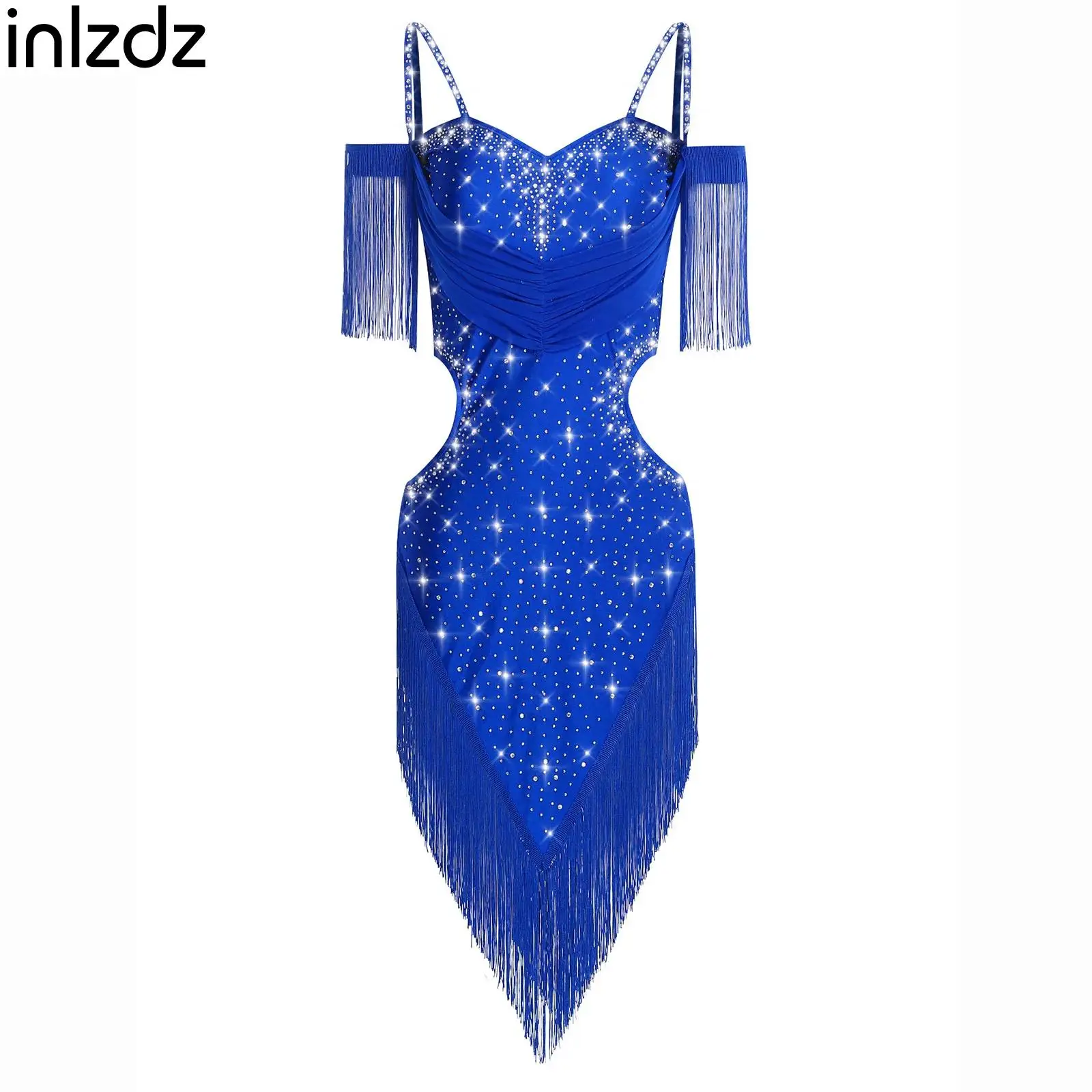 2025 New Women Latin Dance Cha-Cha Tango Performance Costume Cutout Backless Spaghetti Straps Fringe Rhinestones Dress Dancewear