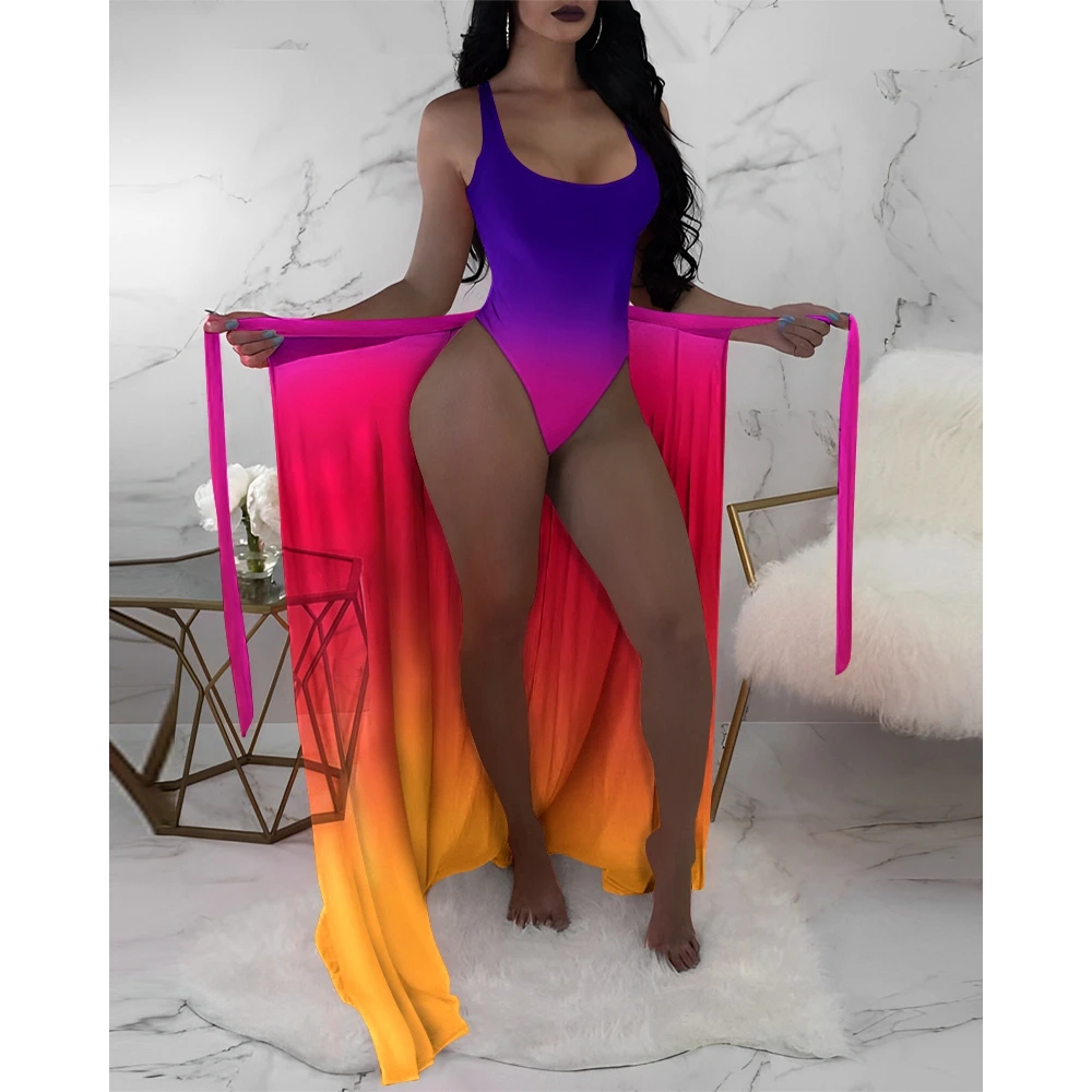 Summer Women Ombre U-Neck One Piece Swimsuit With Cover Up Women Two Pieces Set New in Swimwear Beach Vacation