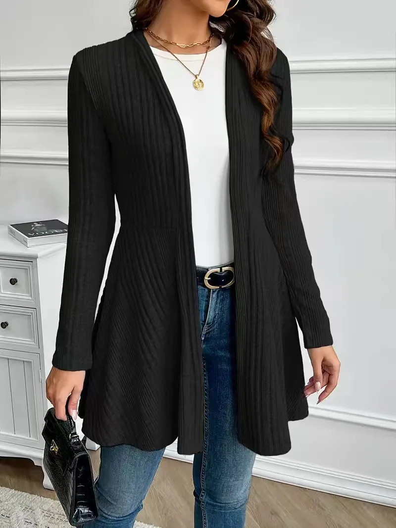 Schwarzer gerippter Strick-Cardigan für Damen, vorne offen, langärmlig, A-Linie, mittellang, lässige, lockere Oberbekleidung für Frühling und Herbst – Detail 4