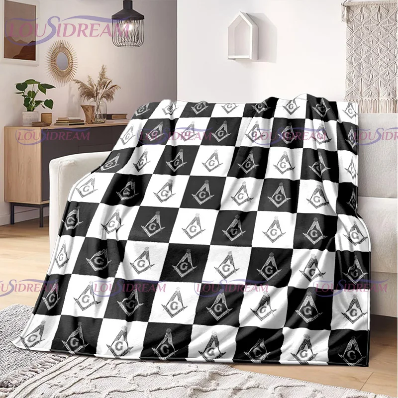 

Masonic Logo Print Blanket Freemasonry Faith Checkered Pattern Throw Blankets Flannel Nap Travel Portable Lightweight Bedspreads