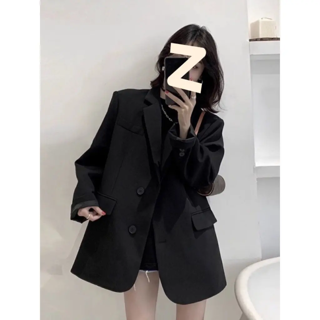 

Women's Black Suit Jacket Korean Style Loose Fit Spring/Fall Top Cross-Border Fashion for Casual And Professional Wear