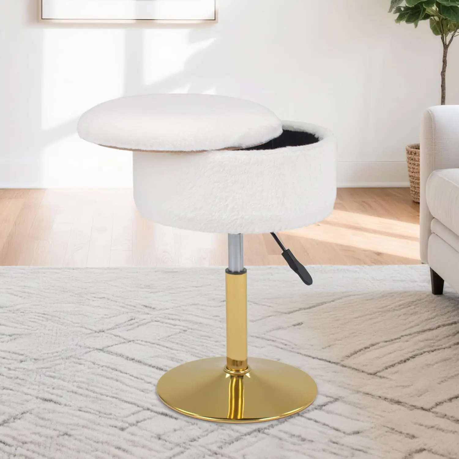 

Adjustable Vanity Stool with Storage, 360° Swivel Gold Chair, Faux Fur Small Round Ottoman Footrest for Bathroom, Makeup Room, W