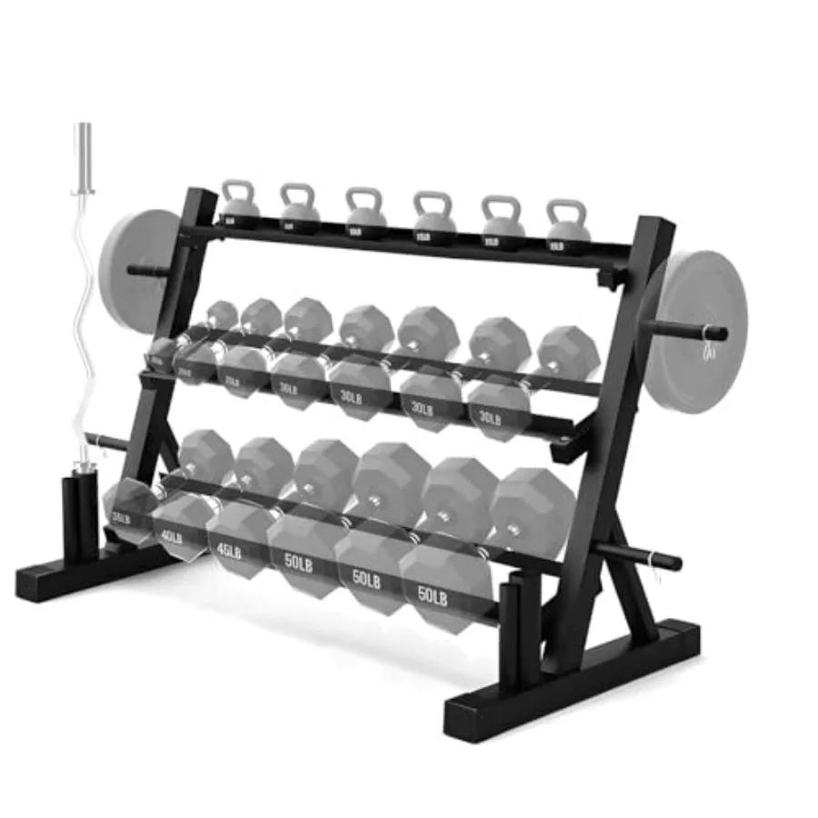 3-Tier Adjustable Dumbbell Rack with Side Barbell Plate Holder Multi-Purpose Home Gym Organizer for Dumbbells Kettlebells Barbe