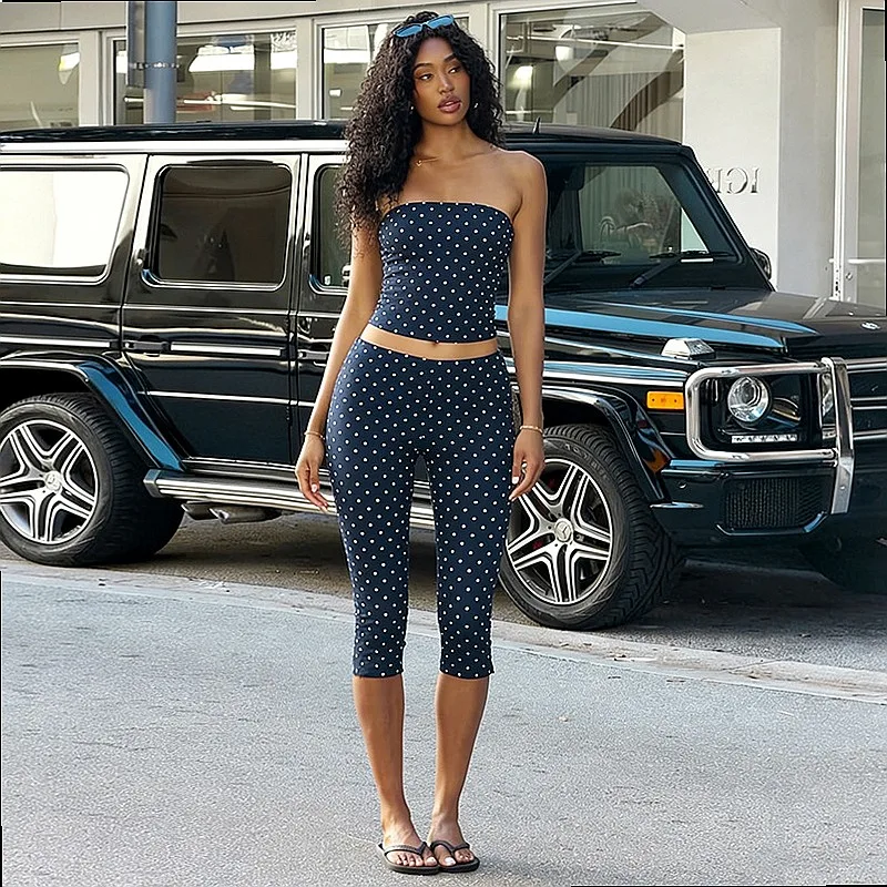 Polka Dot Print Tube Top Crop Pants Matching Set Women Tops Blouse T Shirt Two Piece Outfit