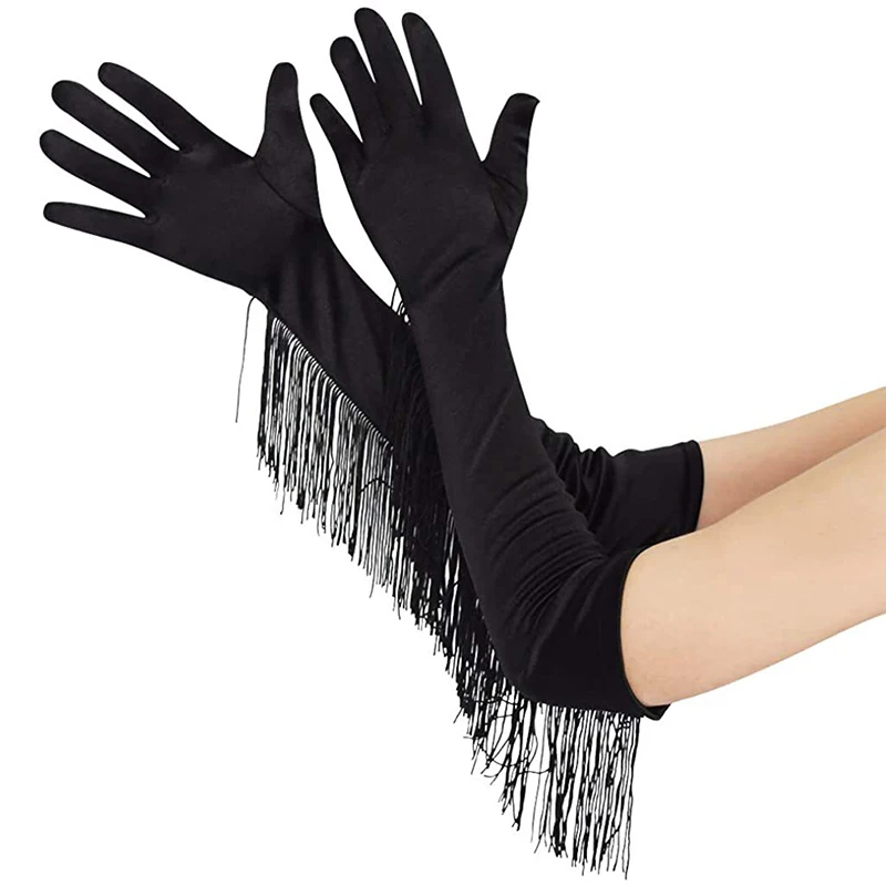 Omzoomde elasticiteit lange satijnen bruidhandschoenen sexy retro latin dansvoorstelling kostuumaccessoires tonen handschoenen jaren 1920 feestrekwisieten