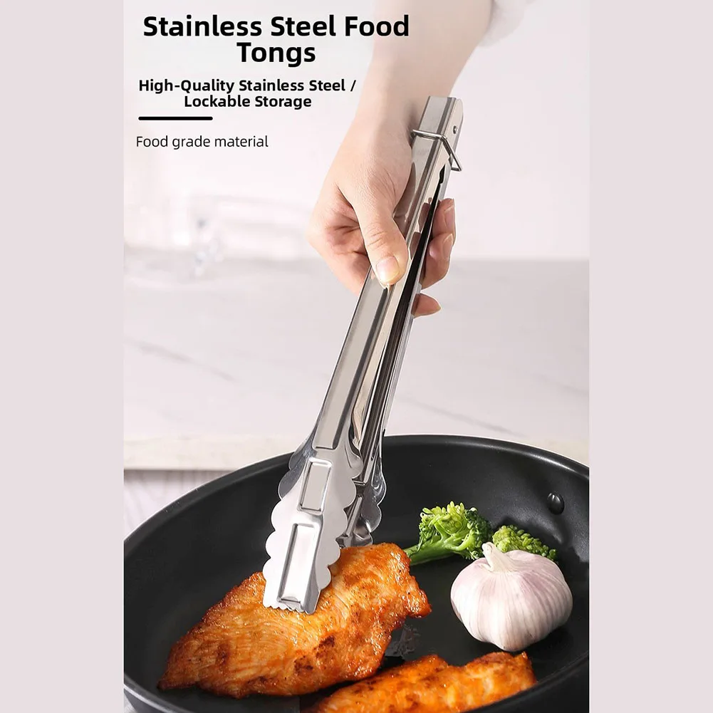 Stainless Steel Food Serrated Locking BBQ Grill Cooking Utensil For Kitchen Baking Steak Bread Handling Tool Silver