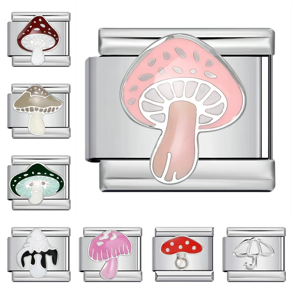 9mm Italienische Armband-Charms in Großpackung, Bunte Pilz-Edelstahlperlen für Damen-Schmuckzubehör, DIY-Bastelzubehör, Trendig – Detail 1