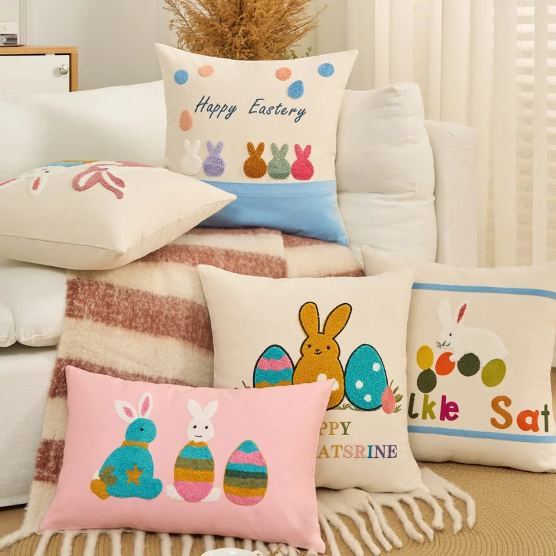 30x50/45x45CM Rabbit Easter Throw Pillow Cover Embroidery Stamping Waist Cushion Cover Decor Home Decorative Pillowcase 2025 New