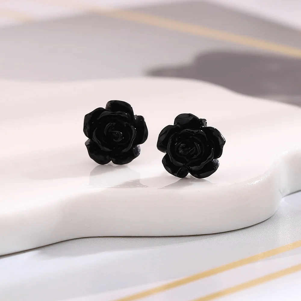 Pendientes de tuerca de Rosa 3D negra Vintage para mujer, pendiente de flor de personalidad Simple, accesorios de joyería diaria, regalos