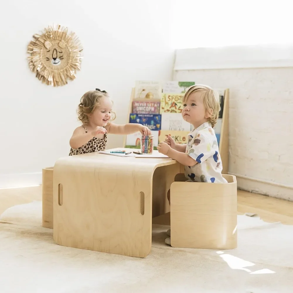 Multipurpose Table and Chair Set, Kids Furniture, Natural, 3-Piece