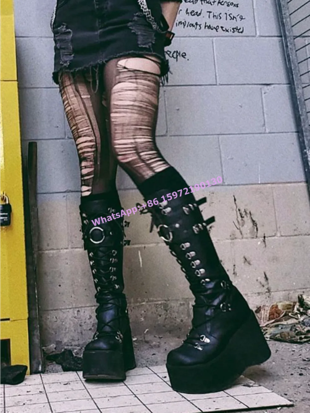 Thick Soled Metal Ring Boots Platform Round Toe Buckle Strap Cross Tied Shoes Ladies Rock Style Gothic Fire Knee High Boots