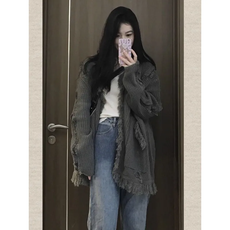QWEEK-Suéter feminino de malha cinza vintage, jumper de moda Harajuku, cardigans grandes, streetwear coreano, suéteres chiques, outono, novo