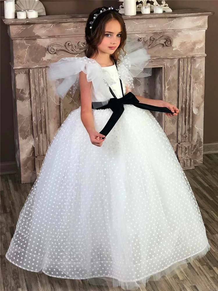 Elegant Sleeveless Tulle Lace Printing Flower Girl Dress Princess Ball First Communion Dresses Kids Surprise Birthday Present