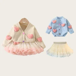 2PCS 3D Heart Toddler Girls Princess Knit Sweaters And Tutu Skirts Suits V-neck Knit Cardigans Mesh Tulle Skirt for Girls Set